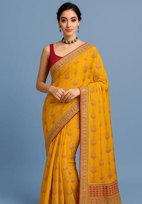 Yellow Sequin Embroidered Georgette Pre Drapped Saree Set