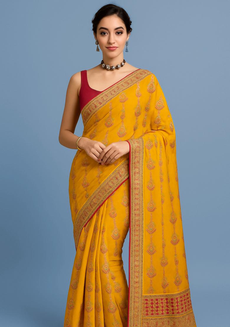 Yellow Sequin Embroidered Georgette Pre Draped Saree Set