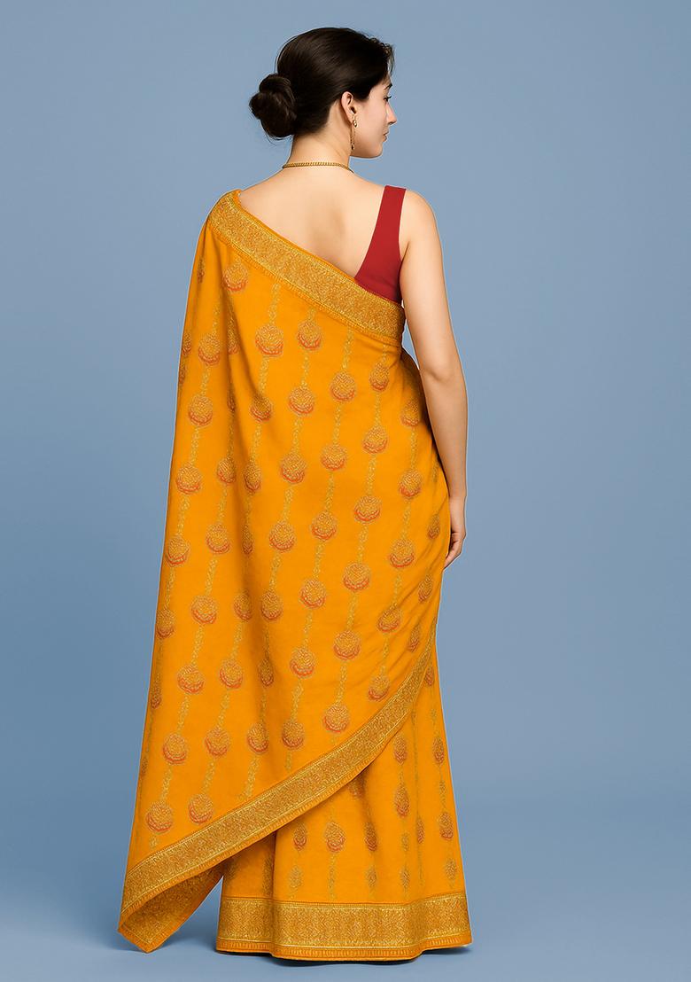 Yellow Sequin Embroidered Georgette Pre Draped Saree Set