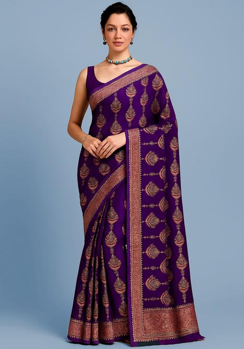 Violet Sequin Embroidered Georgette Pre Draped Saree Set
