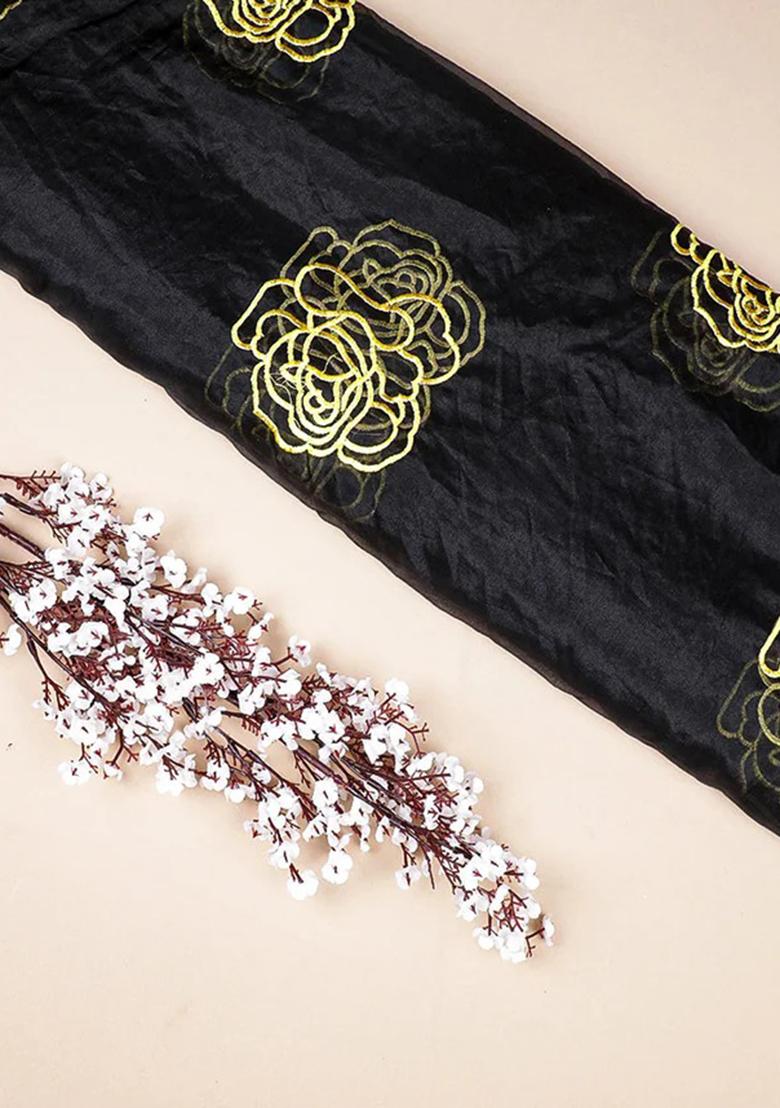 Black Embroidered Organza Pre Draped Saree Set - Indya