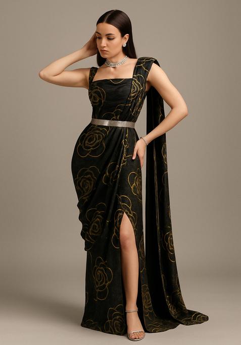 Black Embroidered Organza Pre Draped Saree Set