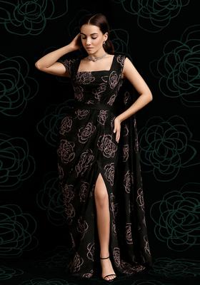 Black Embroidered Organza Pre Draped Saree Set