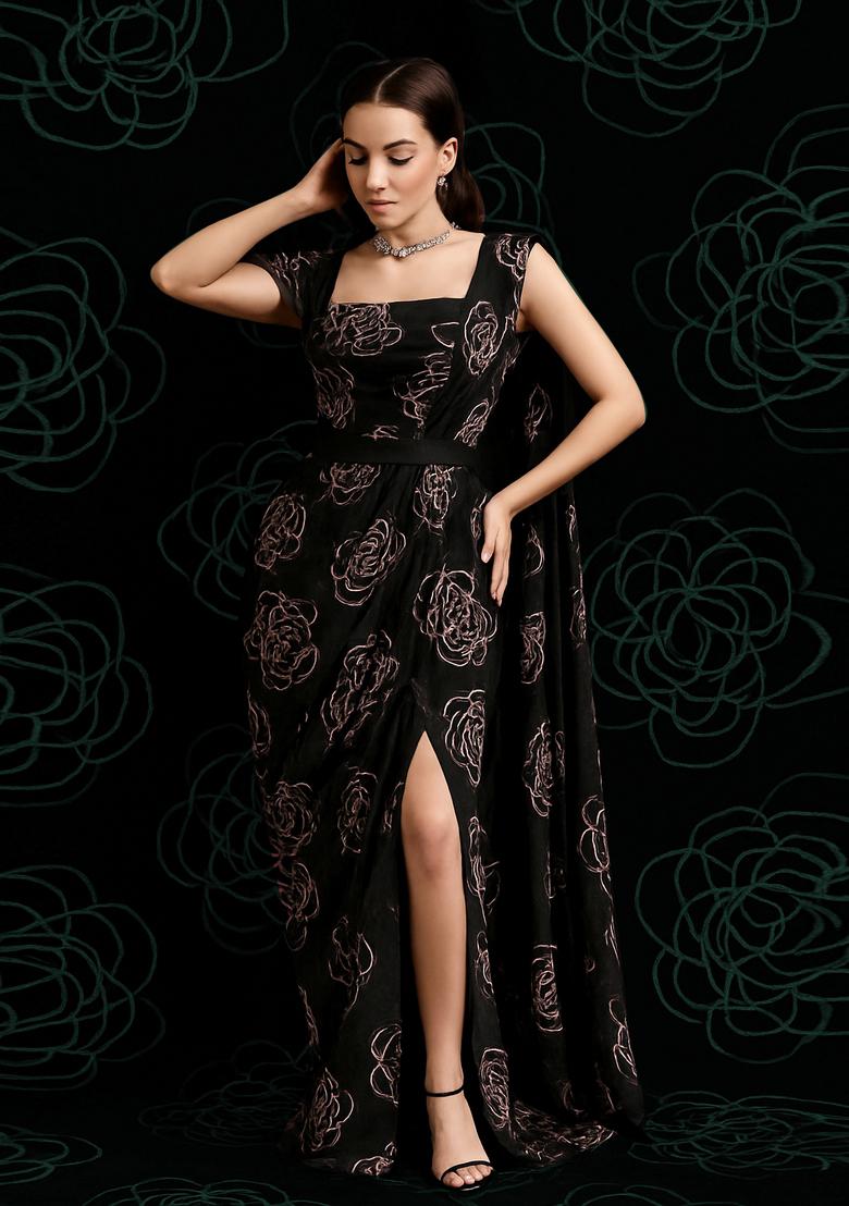 Black Embroidered Organza Pre Draped Saree Set