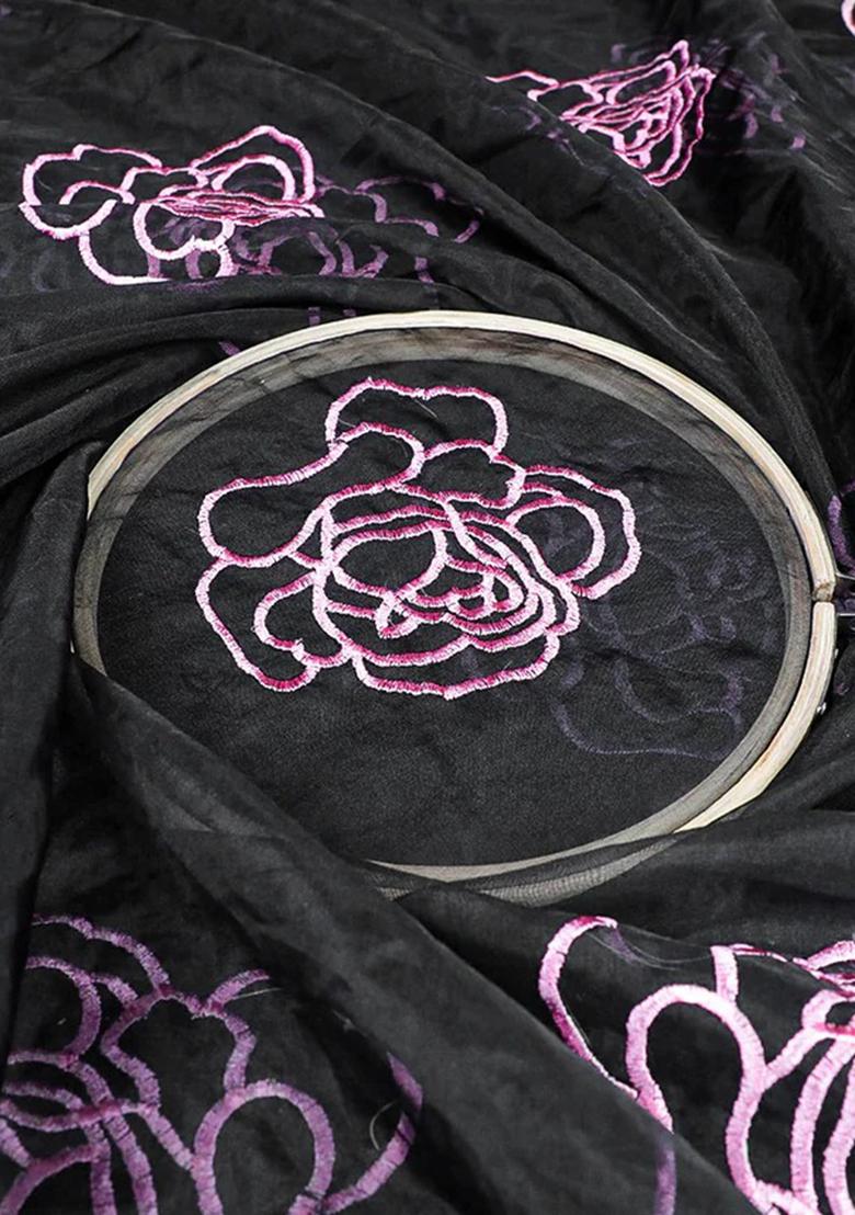 Black Embroidered Organza Pre Draped Saree Set