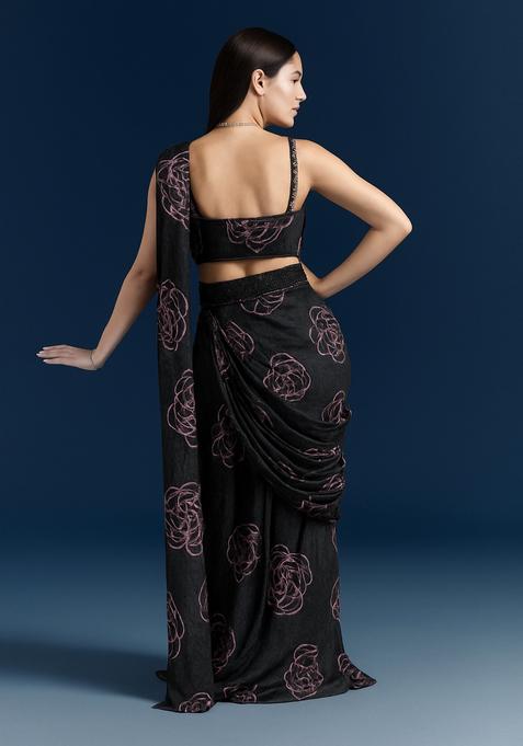 Black Embroidered Organza Pre Draped Saree Set