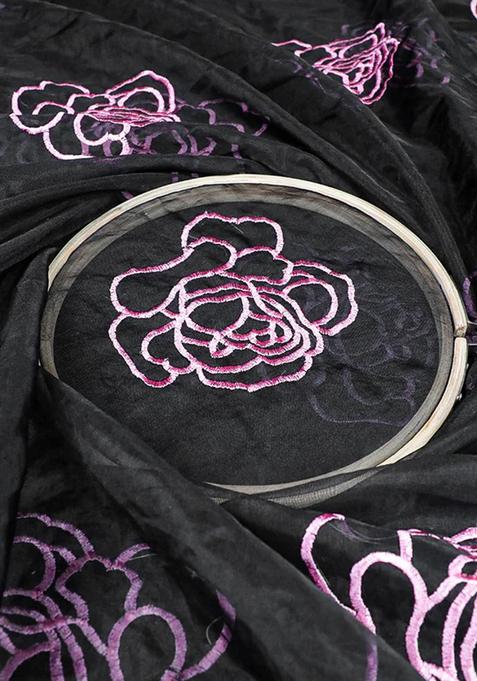 Black Embroidered Organza Pre Draped Saree Set