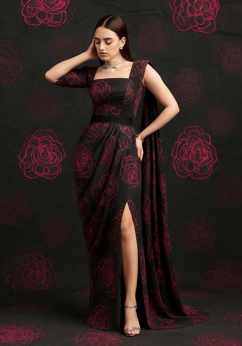 Black Embroidered Organza Pre Draped Saree Set
