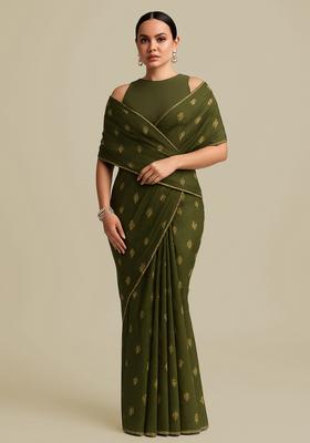 Sage Green Embroidered Silk Pre Drapped Saree Set