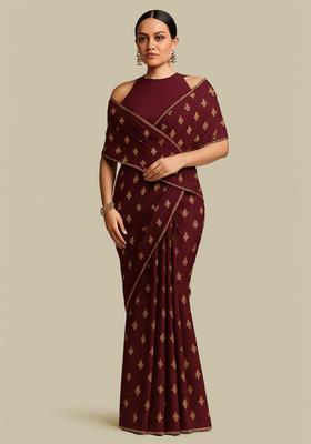 Wine Embroidered Silk Pre Drapped Saree Set
