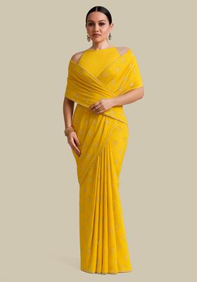 Yellow Embroidered Silk Pre Drapped Saree Set