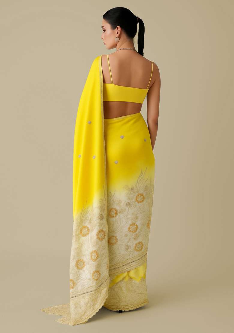 Yellow Embroidered Tissue Pre Draped Saree Set - Indya