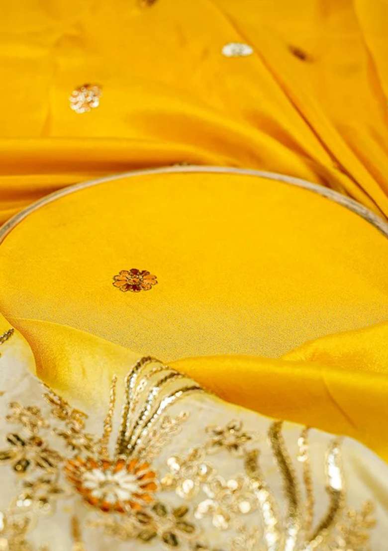 Yellow Embroidered Tissue Pre Draped Saree Set - Indya