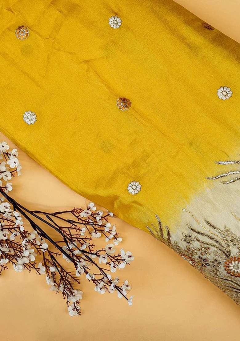 Yellow Embroidered Tissue Pre Draped Saree Set - Indya