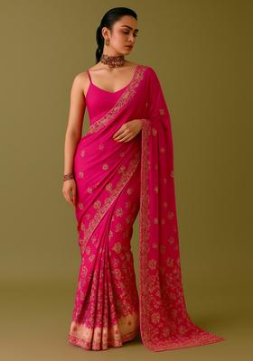 Pink Embroidered Tissue Pre Draped Saree Set