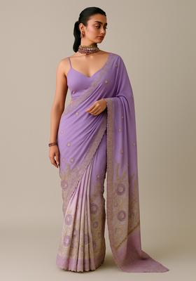 Lavender Embroidered Tissue Pre Draped Saree Set