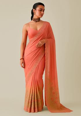 Peach Embroidered Tissue Pre Draped Saree Set