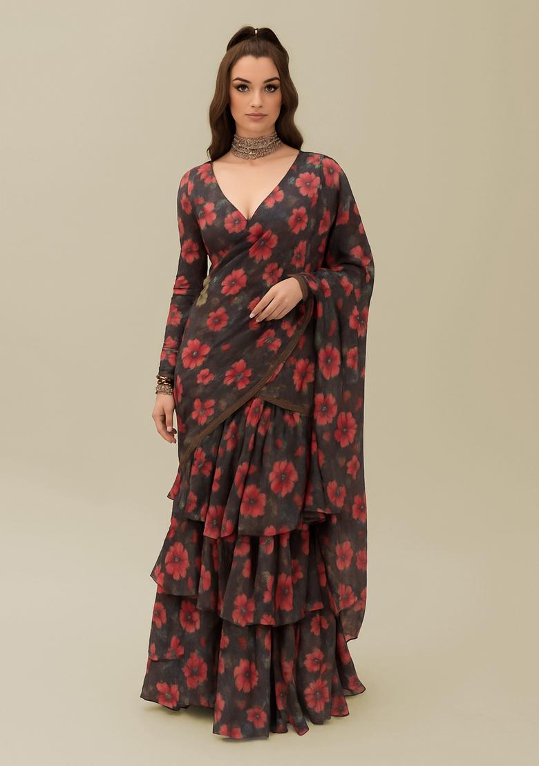 Grey Printed Pure Muslin Pre Draped Saree Set