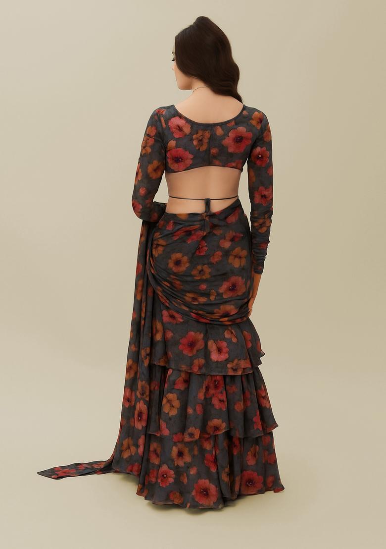 Grey Printed Pure Muslin Pre Draped Saree Set