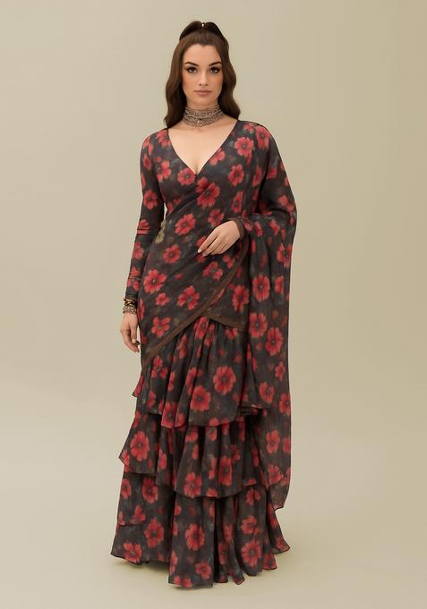 Grey Printed Pure Muslin Pre Draped Saree Set