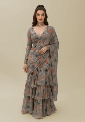 Grey Printed Pure Muslin Pre Draped Saree Set