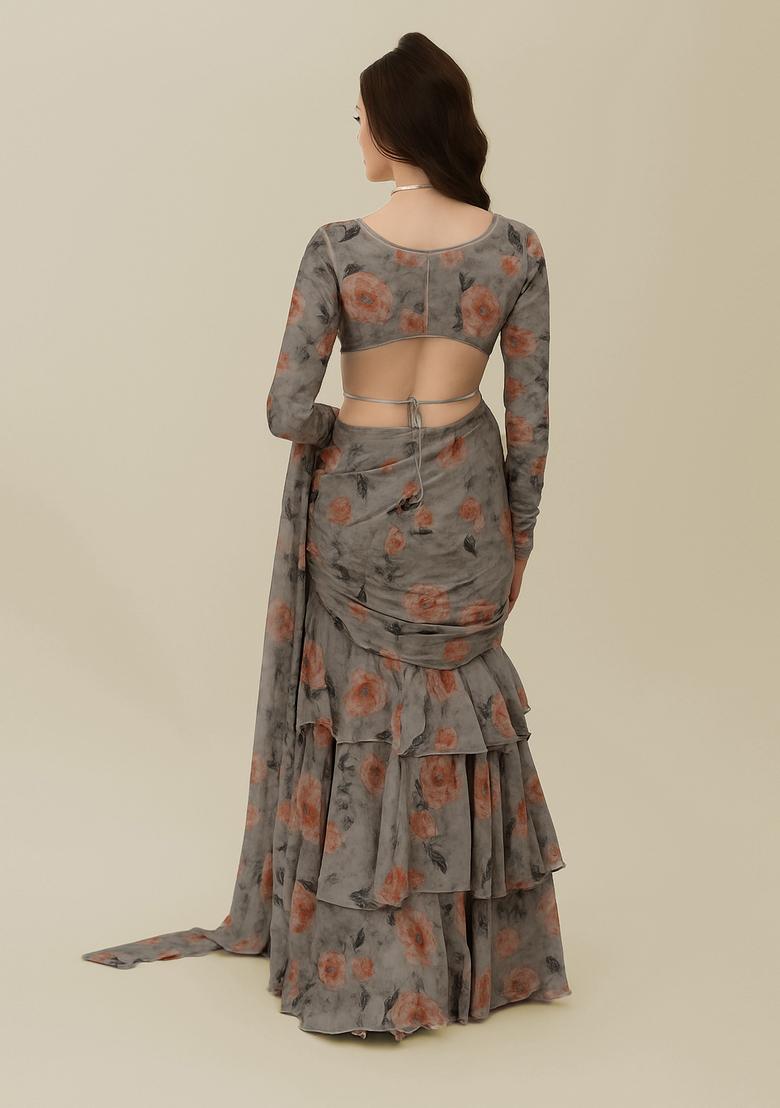 Grey Printed Pure Muslin Pre Draped Saree Set