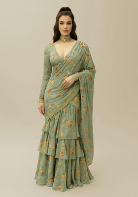 Pista Green Printed Pure Muslin Pre Draped Saree Set