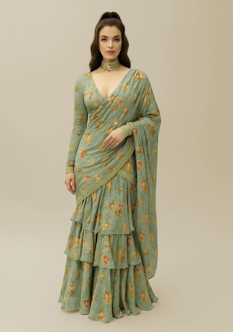Pista Green Printed Pure Muslin Pre Draped Saree Set