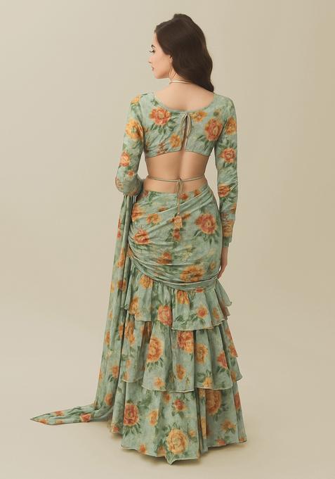 Pista Green Printed Pure Muslin Pre Draped Saree Set