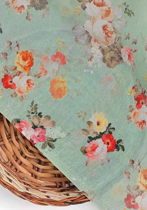 Pista Green Printed Pure Muslin Pre Draped Saree Set