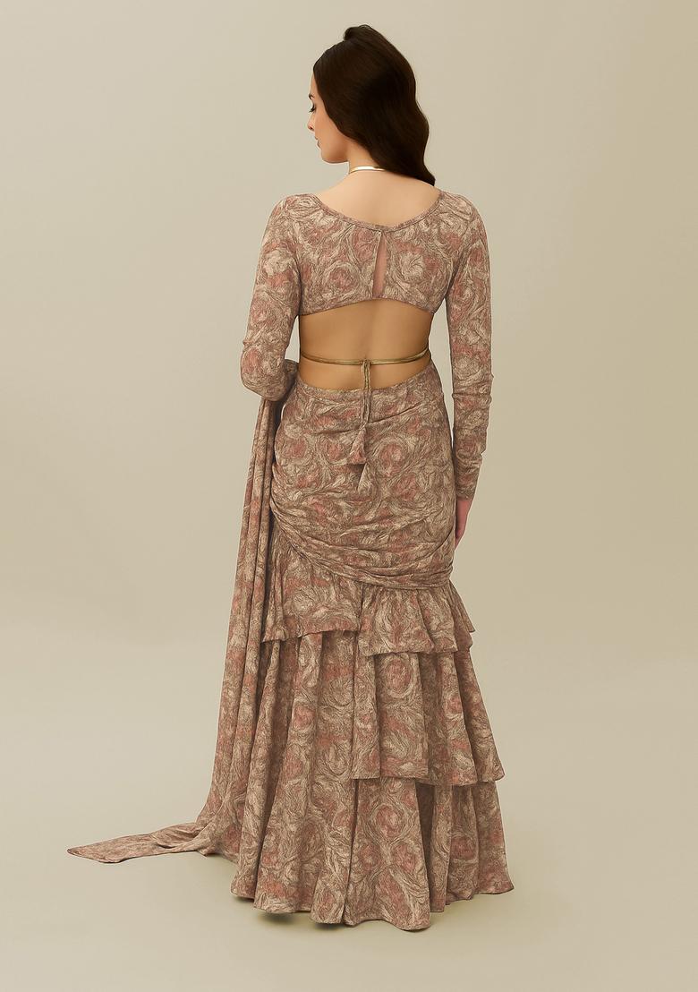 Beige Printed Pure Muslin Pre Draped Saree Set