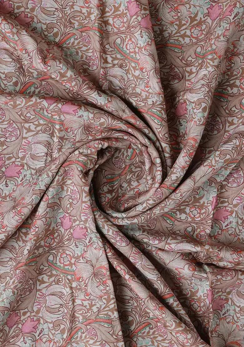 Beige Printed Pure Muslin Pre Draped Saree Set