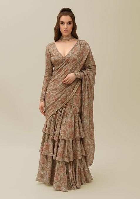 Beige Printed Pure Muslin Pre Draped Saree Set
