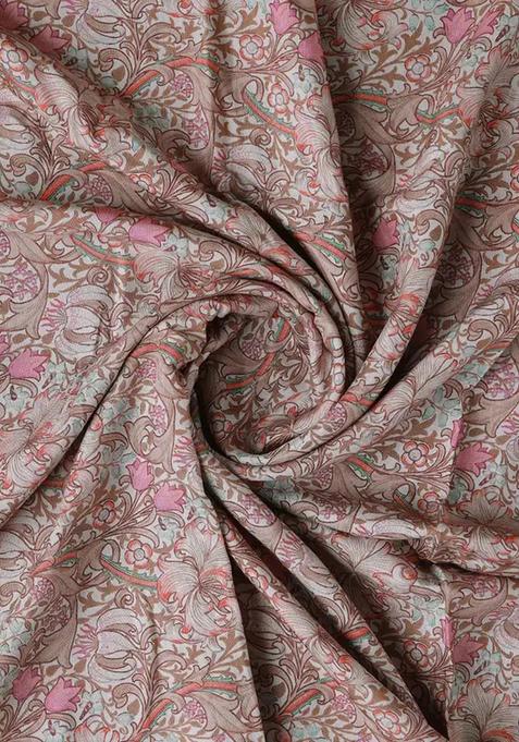 Beige Printed Pure Muslin Pre Draped Saree Set