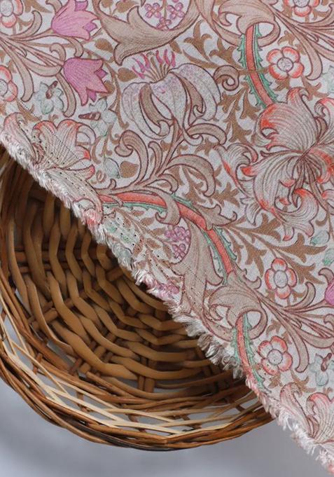 Beige Printed Pure Muslin Pre Draped Saree Set