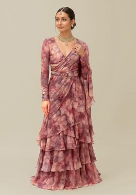 Multicolor Printed Georgette Pre Draped Saree Set