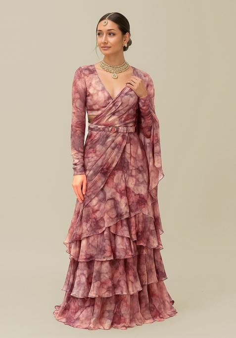 Multicolor Printed Georgette Pre Draped Saree Set