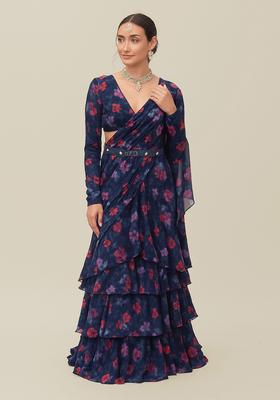 Blue Printed Georgette Pre Draped Saree Set