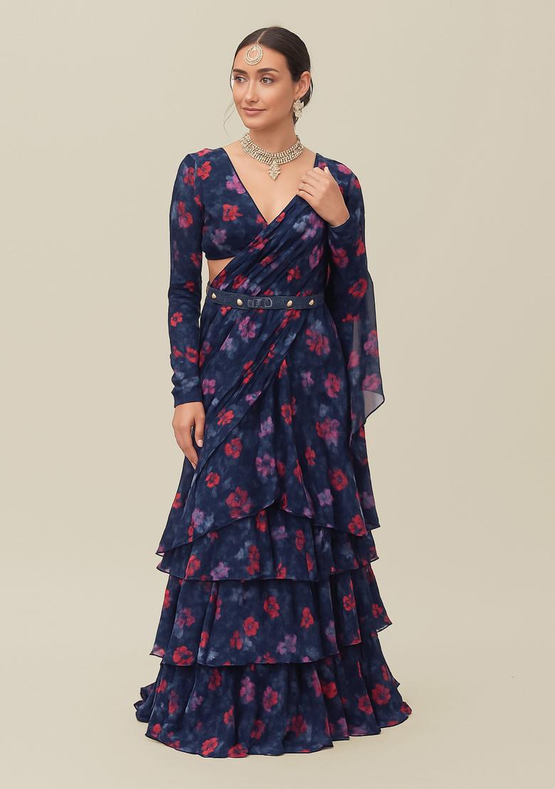 Blue Printed Georgette Pre Draped Saree Set