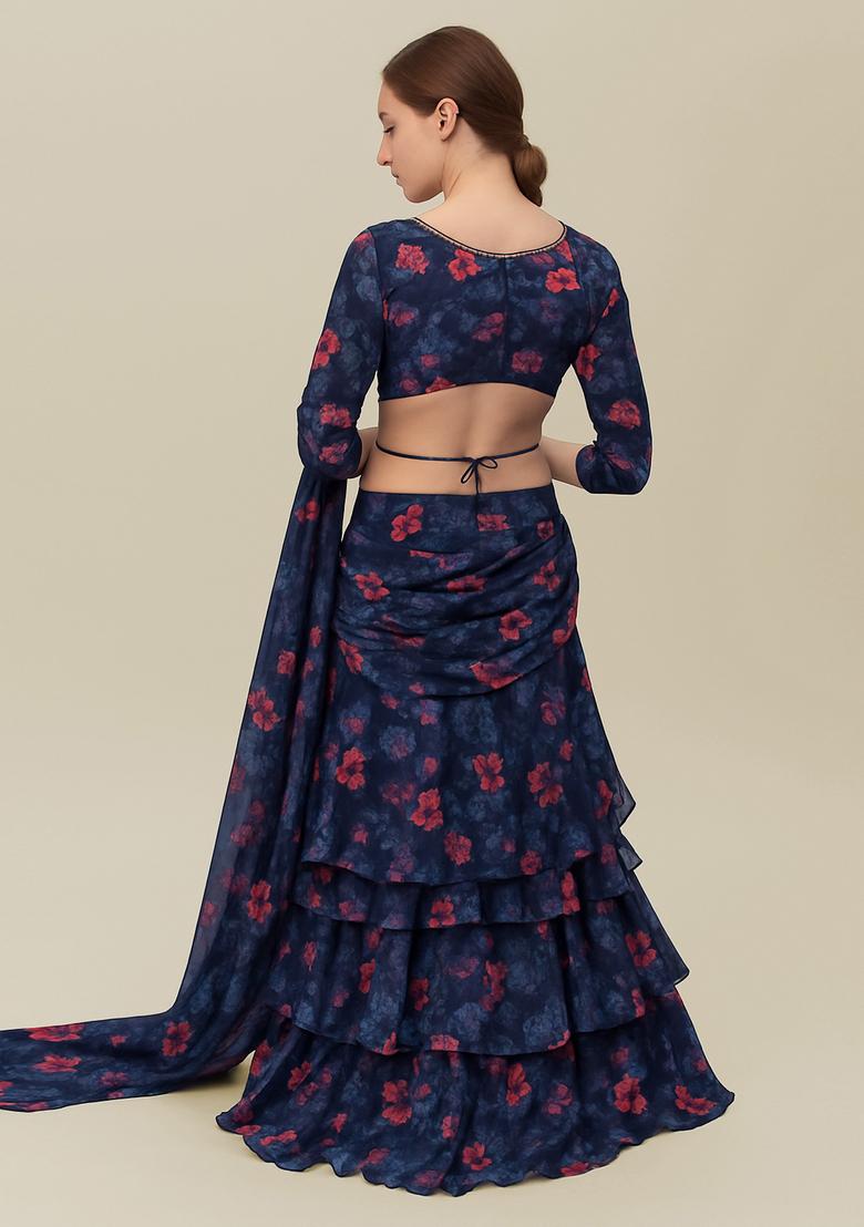 Blue Printed Georgette Pre Draped Saree Set