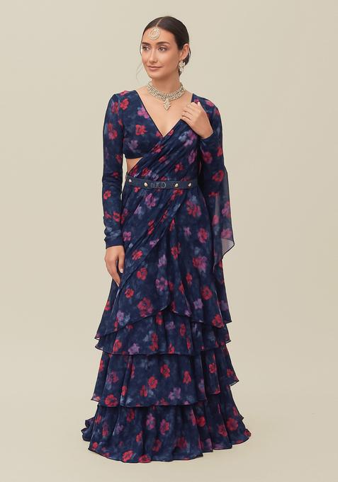 Blue Printed Georgette Pre Draped Saree Set