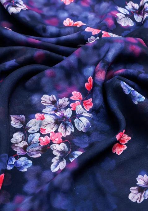 Blue Printed Georgette Pre Draped Saree Set