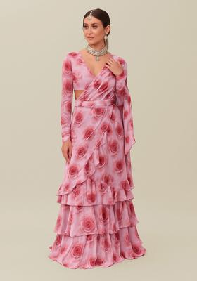 Pink Printed Georgette Pre Draped Saree Set