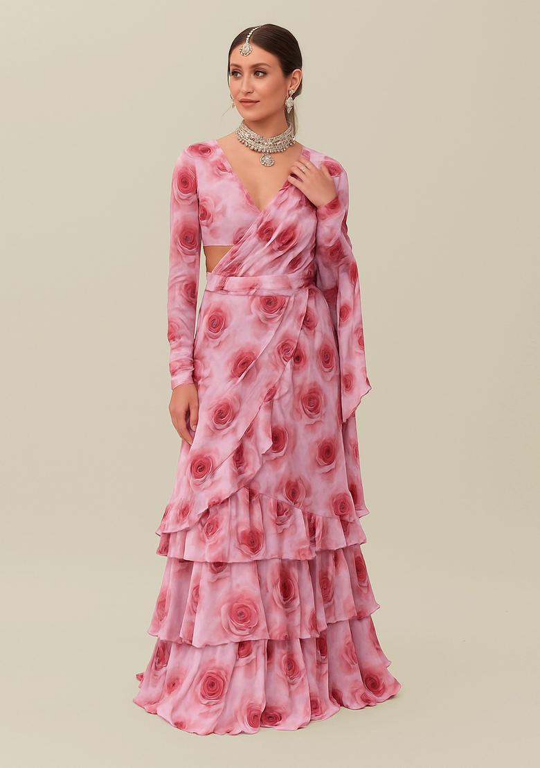 Pink Printed Georgette Pre Draped Saree Set