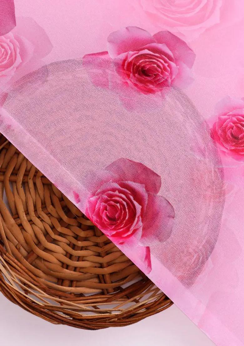 Pink Printed Georgette Pre Draped Saree Set