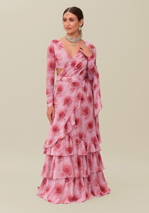 Pink Printed Georgette Pre Draped Saree Set