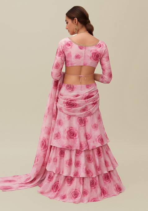Pink Printed Georgette Pre Draped Saree Set