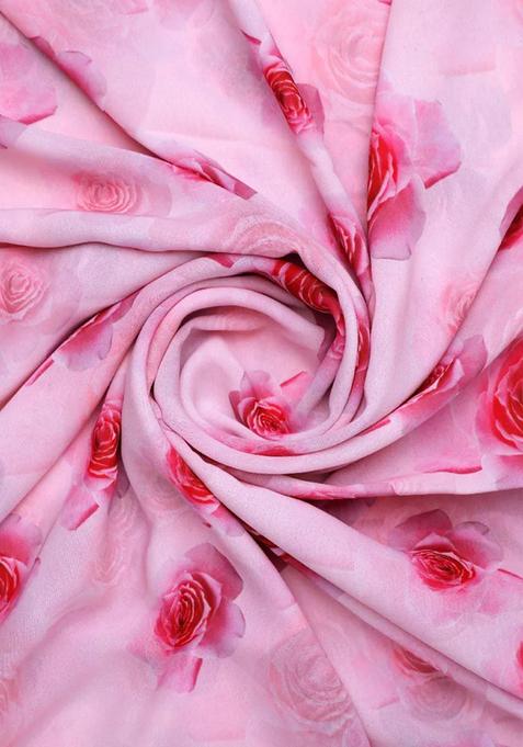 Pink Printed Georgette Pre Draped Saree Set