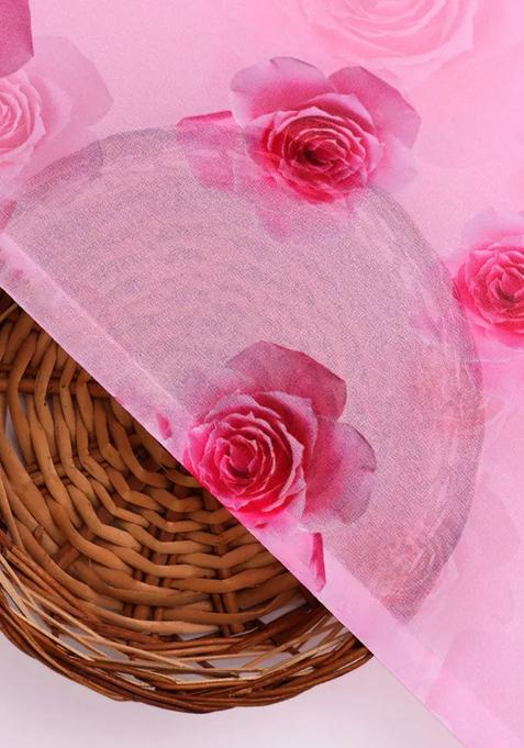 Pink Printed Georgette Pre Draped Saree Set