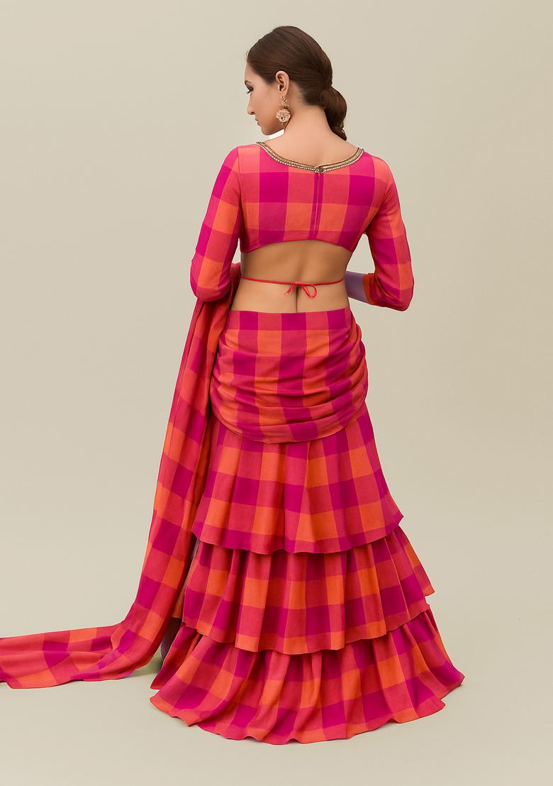 Orange Printed Pre Draped Saree Set